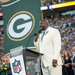 Former NFL player Reggie White honored with jersey retirement. White suit, teary eyes. Big crowd at stadium. Green Bay Packers logo backdrop.
