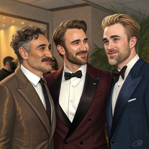 Taika Waititi, Chris Evans, and Robert Pattinson at the Hollywood Film Awards. All three are dressed in formal wear, with Taika sporting a mustache and curly hair, Chris with a beard, and Robert with a blonde hairstyle. They are posing with a warm, friendly demeanor. The background is a blurred indoor setting.