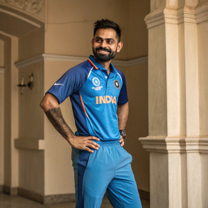 Renowned cricketer Virat Kohli, in a traditional Indian sportswear. He is posing confidently with a warm smile, wearing a blue jersey adorned with 'INDIA' and sponsor logos.