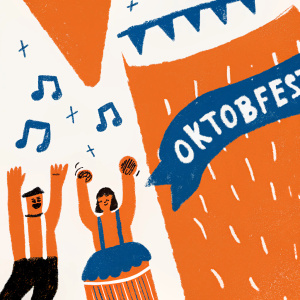 Creative poster for the Oktoberfest celebration. Features vibrant colors and bold fonts, showcasing the event's highlight on San Miguel Beer and live music performances.