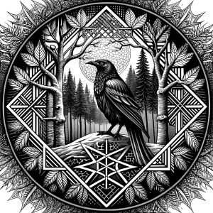 Yggdrasil vegvisir runes  geometric Symbols - raven and trees - perfect realistic art, high-definition, high-definition grey and black, white background 