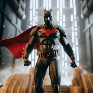 High-tech 3D render of Batman Beyond, muscular build, red cape, dark emblem, set against a stark, futuristic backdrop.