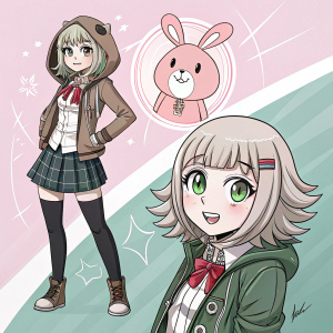 Digital art and sketch fusion of Chiaki Nanami from Danganronpa 2. Multiple styles and poses. Anime aesthetic with cuddly creature companions.