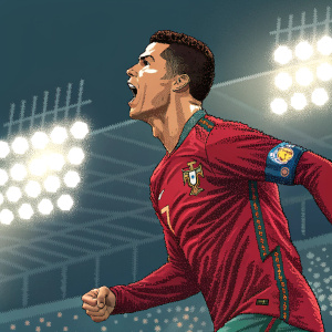 Digital pixel art of Cristiano Ronaldo, dynamic pose, stadium lights background
