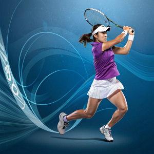 Misaki Doi, Japanese tennis star, mid-rally. Purple shirt, white skirt, athletic shoes. Abstract blue backdrop.