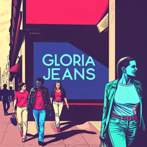 A vibrant street scene featuring diverse individuals in casual attire. Bold 'Gloria Jeans' logo splashed across a storefront window.