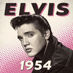 Elvis Presley, 1954, pop art style poster. Retro color palette of black, white, and pink. Halftone effect. 'Elvis' and '1954' prominently featured