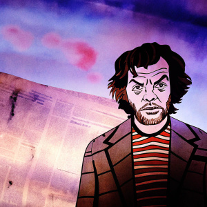 Caricature of Stanley Kubrick. Wavy lines, vintage newspaper style backdrop.