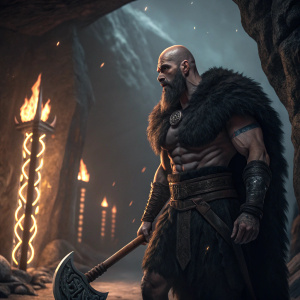 Kratos, the muscular god of war, standing in a dimly lit cave. Wearing a black fur cloak and wielding a large axe. Background features flickering torches and ancient runes.