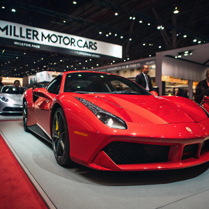 Vibrant red Ferrari 488 GTB displayed at car show. Sleek design, sharp lines, distinctive front grille. Miller Motorcars sign in background.