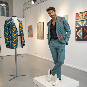 Mariano Di Vaio, modeling designer clothing, standing next to a mannequin. A modern studio setting with abstract art on the walls.
