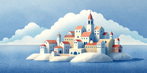 White illustration, Rene magritte style, isolated surrealistic collage of a lot of old Türkiye houses and trees on island, huge ocean and big sky, light pastel colors, asymmetrical composition, zoom out view, grainy texturing paper