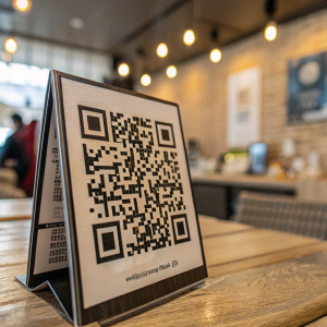 Unique QR code design, small squares forming intricate pattern.