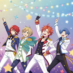 Illustration of characters from Ensemble Stars. Each with unique hairstyles and outfits. They are posing dynamically against a vivid, festive backdrop with falling sparkles and a cheerful atmosphere.
