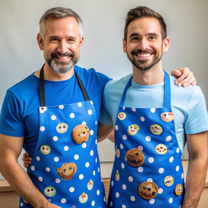 men with apron and cookie monster motif