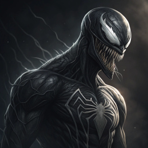 Highly detailed illustration of Venom. Dark, ominous background. Venom's sharp, menacing mouth and intricate shadows and lines defining his form.