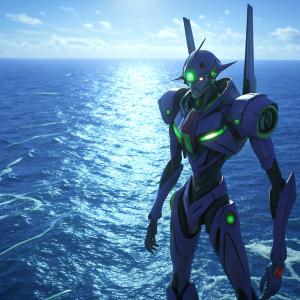 Digital art of Evangelion Unit 01, green glowing eyes, standing on an endless sea of blue. Futuristic design