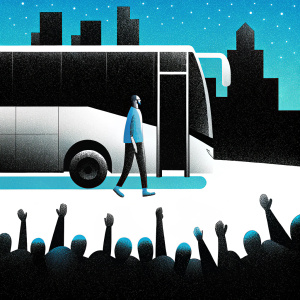 David Beckham exiting a luxury bus amidst cheering fans in a bustling city square, dressed in casual attire.