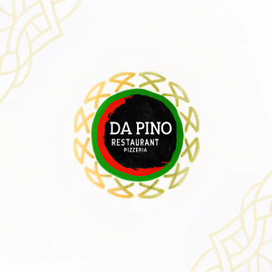 Da Pino Restaurant Pizzeria. Modern logo design with sleek black background. Gold patterns and bold white or gold font for the name.