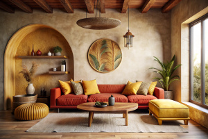 red curved sofa with yellow cushions and square rustic wood coffee table against stucco wall with poster. Boho home interior design of modern living room
