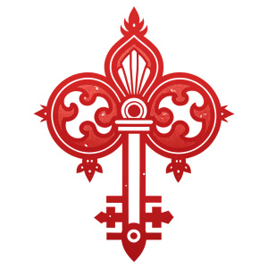 Flat ornamental logo related to building houses, use of key symbol, crown, English style, fleur-de-lis style, in one color, (((flat style)))), no shadow