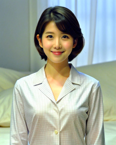 1girl, 25-year-old Korean actress IU, short hair, wearing unbuttoned pajamas to reveal her plump upper body, bed background: 1.2, collarbone, 45℃ looking at the audience, ((perfect body proportions)), (lying' half-length view: 1.1),beautiful and mature, grinning, deep shadow,<lora:DetailedEyes_xl_V2:1>,64k,((fidelity:1.2))<lora:neg4all_bdsqlsz_xl_V7:1>,(super delicate oval face)),((long Beautiful eyes with eyelashes, ((Leica RAW photo)), ((super fair skin)),((super real face)),((super beautiful 