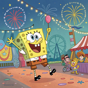 SpongeBob SquarePants at Bikini Bottom's carnival. Bright, vibrant colors. Happy face