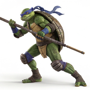 Donatello, the Teenage Mutant Ninja Turtle, 3D model on white background. Detailed, vibrant green, dynamic pose, intricate textures.