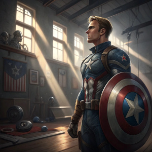 Captain America, Steve Rogers, standing alone in the Avengers training room. Focused expression. Holding his iconic shield. Light streaming through windows.