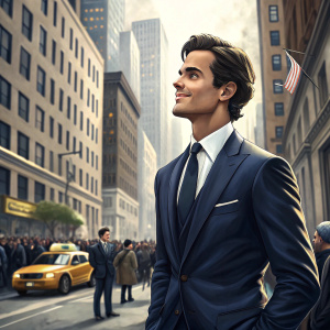 Matt Bomer as Neal Caffrey in a bustling city street scene from 'White Collar'. He is impeccably dressed in a classic navy suit. Crowded urban background.