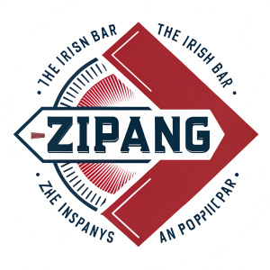 Zipang The Irish Bar, modern logo featuring a bold red arrow-like shape and contemporary typeface, vibrant and eye-catching design, abstract representation of movement or direction