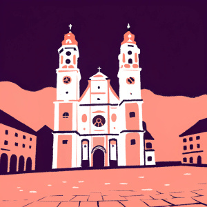 The Brixen Cathedral at night in South Tyrol, Italy. Bright lights accentuate its Gothic architecture. The main facade, with its multiple towers and central spire, stands out against the dark sky. Cobblestone plaza below
