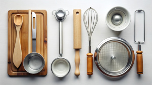 Flat lay composition with kitchen instruments on white background