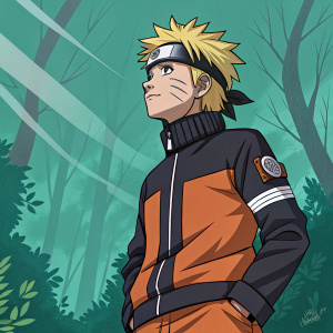 Naruto, depicted in a dynamic illustration, stands against a vibrant, forest green background. The character wears a dark orange jacket with white accents and a forehead protector with the Konoha emblem. His blonde hair is styled in spiky tufts. The artwork features bold outlines and a color scheme that includes shades of orange, blue, and green.