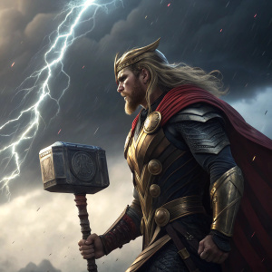 Thor, the Norse god of thunder, depicted in a gritty video game cutscene. He's clad in his signature gold armor and wielding Mjolnir. The scene is set against a backdrop of swirling dark clouds and lightning, with stylized shadows and highlights.