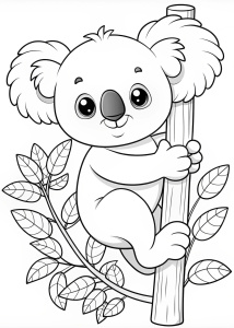 Coloring page, cute cartoon koala climbing a eucalyptus tree, white background, black line art, no shading, no shadow, no color, no gray
