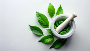 panoramic shot of green leaves in mortar near pills on white background, naturopathy concept