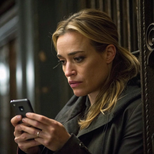 Close-up photo of Piper Perabo as Annie Walker from 'Covert Affairs', looking intently at her smartphone. Dark, detailed background.