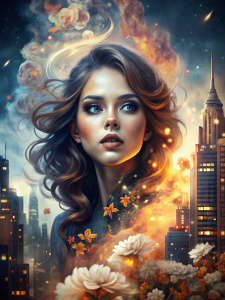Digital illustration of a stunning young jessica alba enveloped in a smoky fantasy atmosphere is in the City night New York intertwined with aprico flowers, flaunting a perfect full of intricate details, composed using double exposure technique, digital masterpiece, ultra-realistic, very detailed.