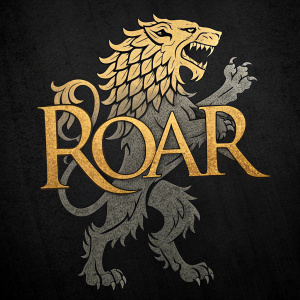 An imposing logo featuring 'ROAR' in bold, gilded letters against a stark black background. Designed for House Lannister from 'Game of Thrones'. The striking contrast between gold and black creates a powerful, dramatic effect.