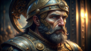 "A hyper-realistic digital artwork of a bust portraying an ancient warrior in regal bronze armor. The warrior bears a helmet adorned with intricate engravings and a crest, indicating his high rank. His gaze is steadfast and commanding, with a full beard that is both noble and imposing. The metallic sheen of the bronze catches the light, highlighting the craftsmanship of the armor and the weathered yet determined expression on his face. The background is a classical setting, softly out of focus, 