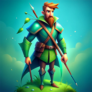 full body 25 year old strong, tall, handsome, angry knight similar to Robin Hood, with a ducktail beard, with a knight's belt and a sword on his right hand, a bow and arrow quiver on his back; and using Anna Lang's illustration drawing style.