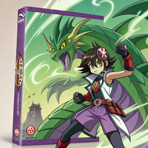 DVD cover for Bakugan Battle Brawlers featuring a fierce girl warrior standing tall with her bakugan monster looming behind. The vibrant green and purple hues of the anime-style artwork capture the intensity of their battle-ready stance.
