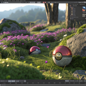 A screenshot of the Cinema 4D software interface. Highlighting 3D models of a Pokemon-themed Pokeball set in a lush, vibrant environment. The scene features detailed textures of moss, grass, and purple flowers, all rendered with high realism.