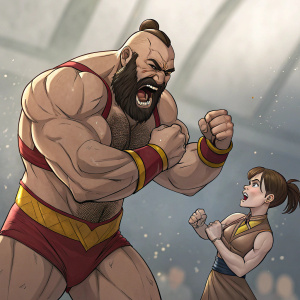 Digital illustration featuring Zangief, a muscular powerhouse, displaying anger. He is wrestling with a small, determined woman. In the background, another woman is seen desperately flailing her arms for help.