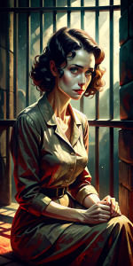Crea una imagen de: UNA MUJER AGOBIADA SENTADA EN UNA CELDA. Ropa y entorno 1940. Romántico. 64K. Cinematico. Realista. Finos detalles