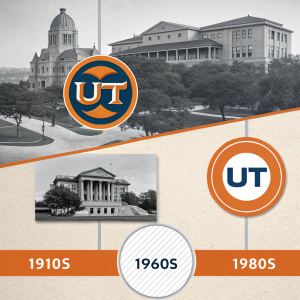 Slide title: Evolution of UT Austin Logos. Top left: 1910s logo, minimalist, circular shape with UT initials. Bottom left: 1960s logo, horizontal layout with long serif text. Top right: 1980s logo, bold geometric 'U' and 'T' initials. Bottom right: Current logo, streamlined design, simple serif 'UT'