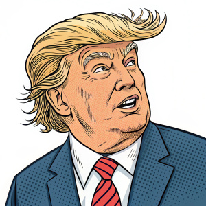 Cartoony illustration of Donald Trump. Wavy hair and exaggerated facial features. Comic strip style