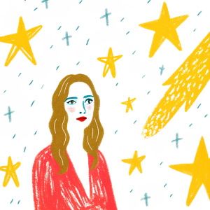 Digital illustration of Gal Gadot. Long brown hair, makeup-softened look. Sketch-like background featuring stars and galaxies.