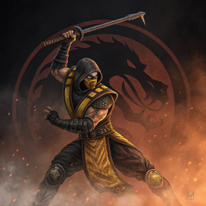 Digital artwork of Scorpion from Mortal Kombat. Intense fighting pose, dark background with fiery patterns.